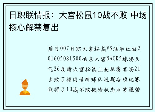日职联情报：大宫松鼠10战不败 中场核心解禁复出